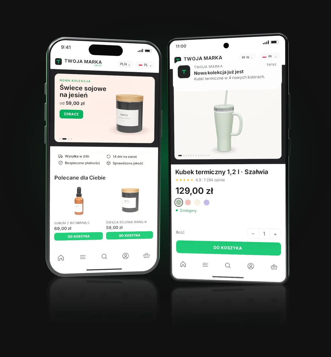 Aplikacja sklepu na iPhonie i Androidzie: ekran główny i karta produktu z powiadomieniem push
